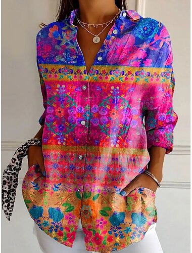  Dames Overhemd Bloemig Stijlvol Modern Lange mouw Overhemdkraag Normale tops Dagelijks Feestdagen Knop Zak Afdrukken Geel Blozend Roze Marineblauw Paars Zomer