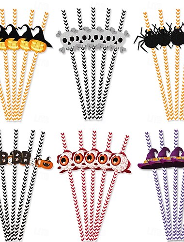  διακοσμητικά είδη για το Halloween καλαμάκια μιας χρήσης από χαρτί αράχνες κολοκύθες μάγισσες σκελετοί είδη πάρτι