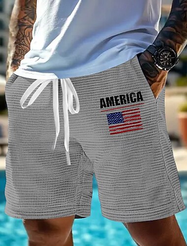  Tag der Unabhängigkeit Herren US Flagge Patriotisch Waffel-Shorts Sweat-Shorts Freizeitshorts Mittlere Taille Modisch lässig Urlaub Joggen Trainieren Elastischer Kordelzug in der Taille Shorts mit