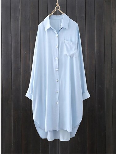  Damen Jacke-Shirt Bequem Atmungsaktiv Knöpfe Lässig Einfach Urlaub Straße Lässig Alltagskleidung Einreihig Lang Revers Normale Passform Langarm Oberbekleidung Weiß Blau Frühling Herbst