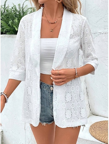  Damen Blazer Atmungsaktiv Bequem Spitze Patchwork Elegant Lässig Einfach Büro Straße Lässig Alltagskleidung Offene Vorderseite Regulär Umlegekragen Normale Passform Dreiviertelarm Oberbekleidung Weiß