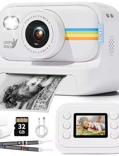  Barnekamera med øyeblikkelig utskrift 1080p HD 2,0-tommers skjerm zoom videofoto med 32 GB barnebursdagsgaver til festivalen digitalkamera leker
