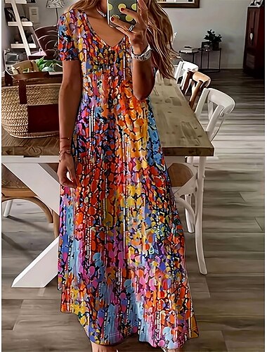  Damen Maxikleid Freizeitkleid A Linie Kleid Sommerkleid Elegant Urlaub Lässig Normale Passform Blumen Grafik Abstrakt Kurzarm U-Ausschnitt Rote Leicht Braun Sommer Frühling Herbst
