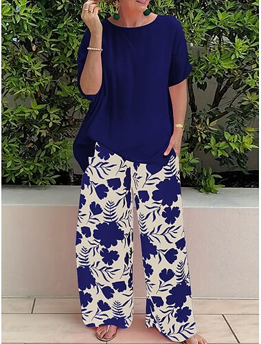  Damen Mode Streetwear Täglich Hosen-Sets Kurzarm Rundhalsausschnitt Blumen Grafik Druck Lässig Täglich Schwarz Blau Orange Sommer Normale Passform