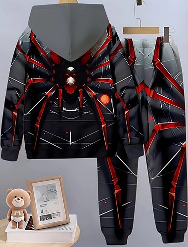  Pojkar 3D SPIDER Huvtröja & träningsbyxor Set Sportdräkt Träningsoveraller Långärmad Vår Höst Dagligen Grundläggande Ledigt Barn 4-12 år Huva Utomhus Semester Sport Skräddarsydd passform