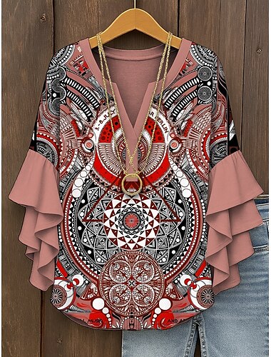  Dames Blouse Grafisch Geometrisch Elegant Bohemen Etnisch 3/4 mouw V-hals Normale tops Dagelijks Feestdagen Vakantiekleding Ruche Afdrukken Geel Blozend Roze blauw Paars Groen Zomer Lente Herfst