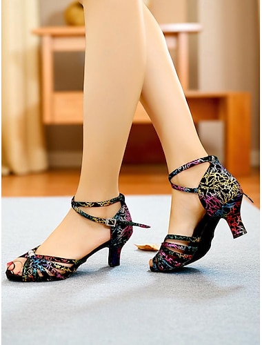  Professionelle Tanzsandalen aus Satin für Damen mit Regenbogen-Crack-Design und verstellbarem Knöchelriemen für Standard- und Lateintänze