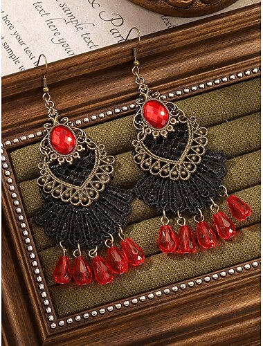  Gothic-Vintage-Ohrhänger aus Legierung für Damen mit schwarzem Stein und roten Perlen, Kostümschmuck für Halloween-Partys im Retro-Punk-Stil
