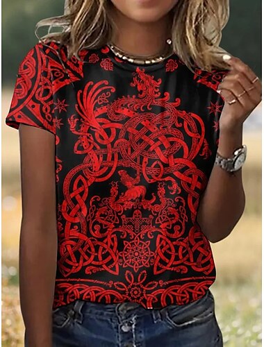  Damen T Shirt Grafik Paisley-Muster Pflanzen Elegant Lässig Kurzarm Rundhalsausschnitt Rundhals Normale Oberteile Täglich Druck Schwarz Weiß Khaki Sommer