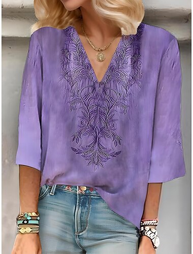  Dam Blus Blommig Grafisk Elegant Stylish Ledigt 3/4 ärm V-hals Vanliga toppar Dagligen Helgdag Utekväll Rynkad Broderad Mönster Rodnande Rosa Purpur Grön Sommar Vår
