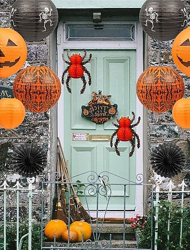  ハロウィン吊り下げ飾り 紙ランタン 蜘蛛のスケルトン カボチャ 屋内用 12個 &屋外の不気味な家の装飾パーティー用品小道具