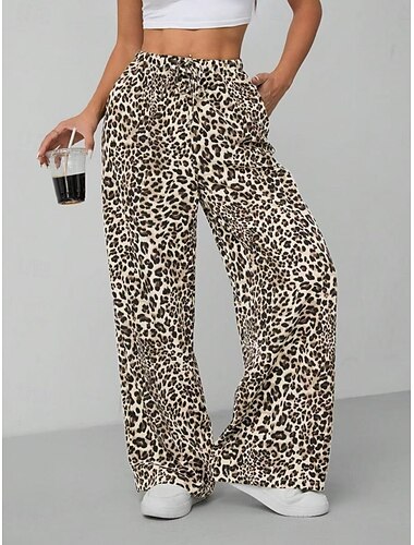  Damen Weites Bein Chinos Urlaub Vintage Streetwear Volle Länge Hohe Taille Leopard Tasche Elastischer Bund Drucken Bequem Weich Mikroelastisch Outdoor Straße Aprikose Kaffee Grau Sommer Frühling