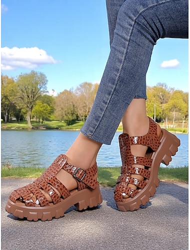  braune, klobige Gladiator-Sandalen für Damen – offene Plateauschuhe mit Retro-Krokodilprägung für Damen, perfekt für Outdoor-Abenteuer, Festivals und den Wochenend-Style