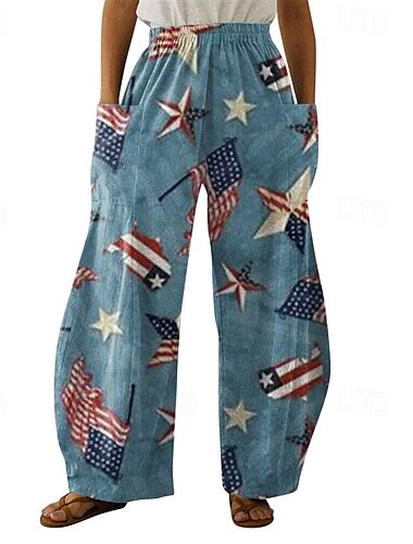  Damen Hosen Hose Palazzo-Hose Mode Streetwear Volle Länge Mittlere TaillePantsAmerikanischer Unabhängigkeitstag Druck Nationalflagge Elastischer Bund Bequem Mikroelastisch Straße Alltagskleidung
