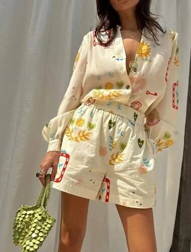  Damen Aktiv Streetwear Hemd Bluse Shorts-Sets Langarm Hemdkragen Blumen Druck Urlaub Alltagstauglich Beige Herbst Normale Passform