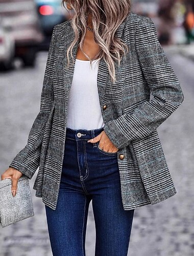  Damen Blazer Bequem Knöpfe Mode Karomuster Straße Wochenende Einreihig Regulär Umlegekragen Normale Passform Langarm Oberbekleidung Schwarz Herbst Winter