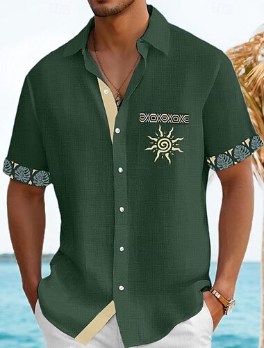  Men's Shirt Linen Shirt Summer Shirt Beach Shirt Button Up Shirt Tribal Casual Holiday Black Navy Blue Green Khaki Short Sleeve Turndown Summer Clothing Apparel Front Pocket