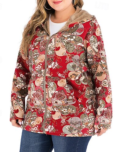  Damen Fleecejacke Mantel Kapuzenjacke Warm Bequem Reißverschluss Tasche Mode Modern Lässig Blumen Ausgehen Wochenende Reisverschluss Regulär Mit Kapuze Normale Passform Langarm Oberbekleidung Rote