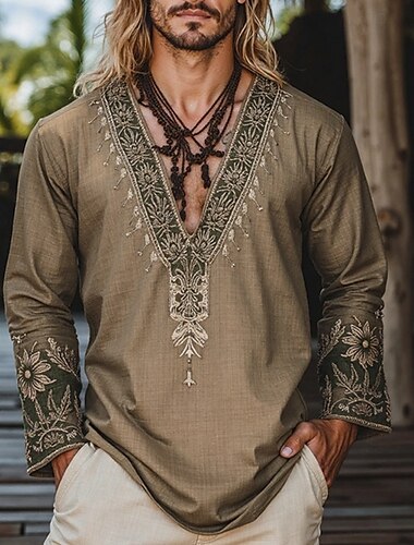  Herren Leinenhemd Sommerhemd Vintage-Shirt Ethno-Hemd Langarmshirt Bestickt Urlaub Straße Braun Langarm V Ausschnitt Sommer Frühling Bekleidung Mittelalterlicher Ritter