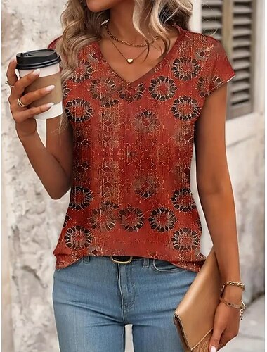  Dam Boho T-shirt Blus Grafisk Växter Elegant Vintage Stylish Ärmlös Kortärmad V-hals Vanliga toppar Dagligen Mönster Rubinrött Blå Grön Sommar Vår