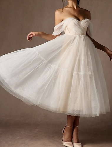  Fiançailles Petites Robes Blanches Robes de mariée Ligne A Coeur Sans bretelles Longueur thé Satin Robes de mariée Avec Ceinture / Ruban Plis 2025