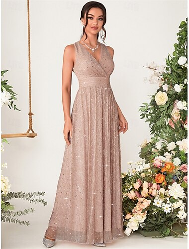  Abito da damigella d'onore A-Line con scollo a V senza maniche elegante lunghezza fino al pavimento in chiffon con paillette