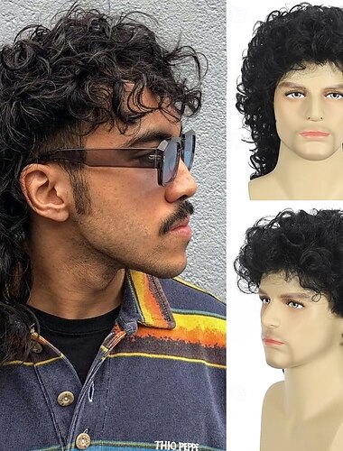  Lockiga mulletperuker för män 80-tal svart lång lockig peruk hippie rockande 80-tals fest cosplay kostym anime värmeresistent syntetiskt hårperuk 70-talsperuk Halloween-peruker