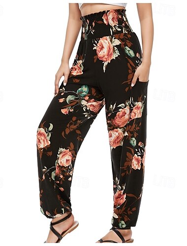  Women's Pants Trousers Straight Fashion Streetwear Full Length High Waist Print Flower Elastic Waist Breathable Comfortable Micro-elastic Street Daily Wear Going out Pink Orange Summer Spring Regular
