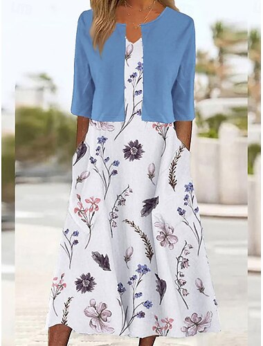  Damen Kleid-Set A Linie Kleid Sommerkleid Party Halbformelle Kleider Blumen Grafik Druck Midikleid Halbarm V Ausschnitt Hochzeitsgast Täglich Weiß Marineblau Himmelblau Sommer Frühling Normale
