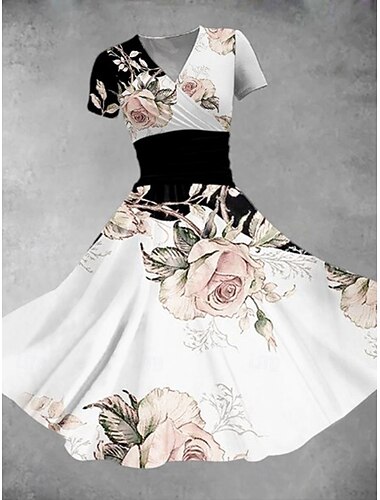 نسائي فستان ميدي فستان شكل حرف A لباس صيفي فستان ملائم وواسع حفلة كاجوال مناسب للبس اليومي مناسب للعطلات عادي ورد الرسم كم قصير V رقبة أسود أبيض برتقالي الصيف   نسائي فستان ميدي فستان شكل حرف A لباس صيفي فستان ملائم وواسع حفلة كاجوال مناسب للبس اليومي مناسب للعطلات عادي ورد الرسم كم قصير V رقبة أسود أبيض برتقالي الصيف