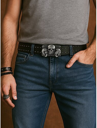  Herren-Ledergürtel mit Totenkopf-Nieten und Skelett- und gekreuzten Knochen-Design, Vintage-Gothic-Stil für Halloween-Partys, Punk-Mode und Freizeitkleidung