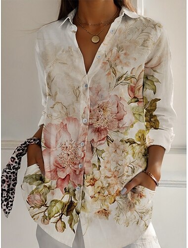  Mujer Camisa Floral Activo Diario Elegante Manga Larga Cuello Camisero Tops regulares Diario Festivos Botones Estampado Caqui Primavera Otoño