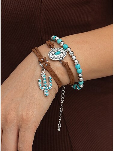  Boho-Set mit türkisfarbenem Bettelarmband für Damen mit Lederwickel und Kaktusanhänger, Vintage-Schmuck im Westernstil für Cowgirl-Festival-Outfits, Partys und Sommerferien