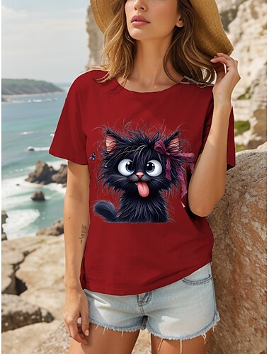  Damen T Shirt Grafik Tiermotiv Katze Vintage Stilvoll Klassisch Kurzarm Rundhalsausschnitt Rundhals Normale Oberteile Täglich Wochenende Druck Schwarz Weiß Rote Blau Purpur Sommer Frühling
