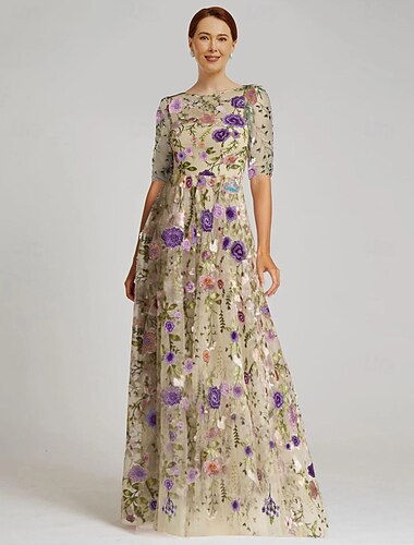  Blumen besticktes A-Linien-Kleid für die Mutter der Braut, formell, elegant, Vintage, Illusionsausschnitt, bodenlang, Tüll, halbe Ärmel, mit Blumenapplikationen, 2025