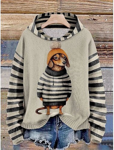  Damen Kapuzenpullover Hund Gestreift Lässig Langarm Mit Kapuze Normale Oberteile Straße Alltagskleidung Schwarz Rote Blau Orange Grün Herbst Winter