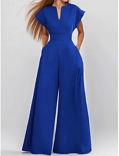  Damen Normal Overall Elegant Einfarbig Kurzarm V Ausschnitt Tasche Hohe Taille Urlaub Täglich Normale Passform Schwarz Blau Grün Sommer
