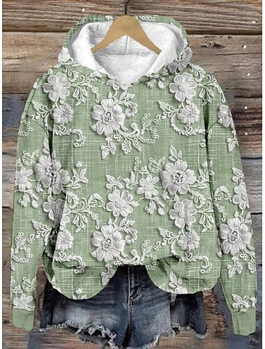  Damen Kapuzenpullover Blumen Tiermotiv Elegant Vintage Retro Langarm Mit Kapuze Normale Oberteile Straße Alltagskleidung Druck Purpur Grün Khaki Frühling Herbst Winter