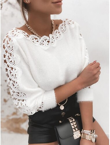  Damen Pullover Sexy Lässig Weich Einfarbig Gerippt Rundhalsausschnitt Spitze Gestrickt Langarm Normale Oberteile Stricken Outdoor Täglich Wochenende Weiß Herbst Winter