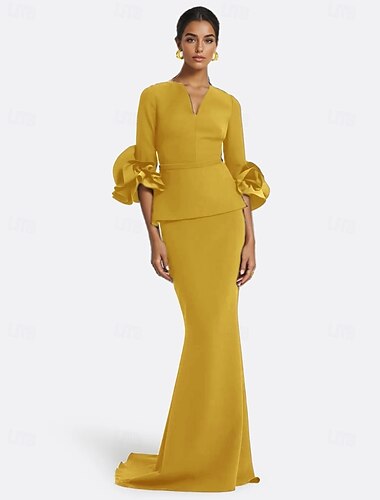  schwarzes Meerjungfrauen-/Trompeten-Abendkleid, elegantes, formelles Kleid, bodenlang, lange Ärmel, V-Ausschnitt, Stretch-Krepp mit Rüschen, 2025