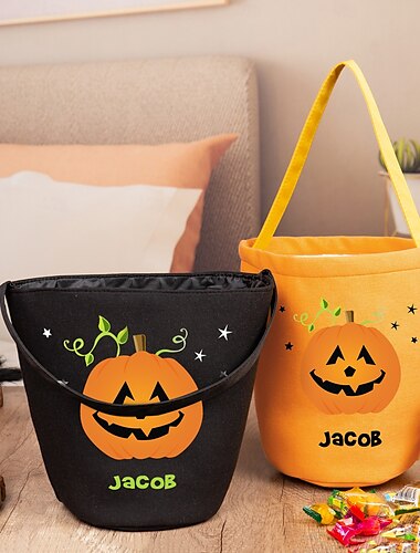  Pungă personalizată cu nume pentru dulciuri de Halloween pentru copii, coșuleț personalizat cu bomboane pentru dulciuri, sac de cadouri din iută cu design de dovleac desenat manual, pungă amuzantă