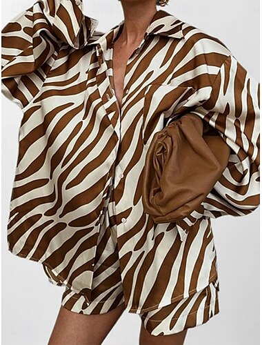  Per donna Moda Streetwear Quotidiano Set di Pantaloncini Manica Lunga Colletto a Camicia A righe Stampato Casuale Quotidiano Marrone Estate Vestibilità comoda
