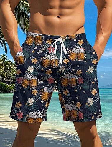  Herren Oktoberfest-Bier Badehosen Badeshorts Boardshorts Mittlere Taille Streetwear Hawaiianisch Urlaub Seitentaschen Netzfutter Elastischer Kordelzug in der Taille Designer Bekleidung