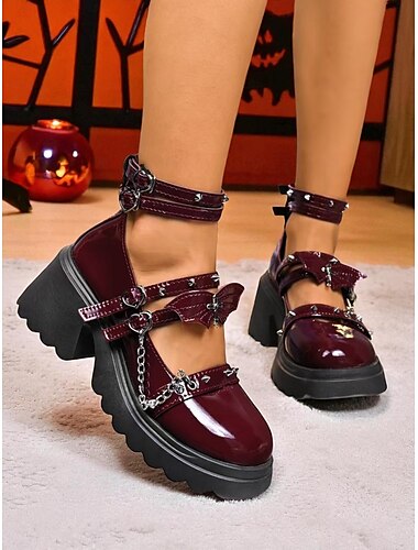  Gothic-Plateau-Mary-Jane-Schuhe für Damen – klobige Absätze aus braunem Lackleder mit Ketten und Nietenriemen für Halloween-, Cosplay- und Punkrock-Outfits