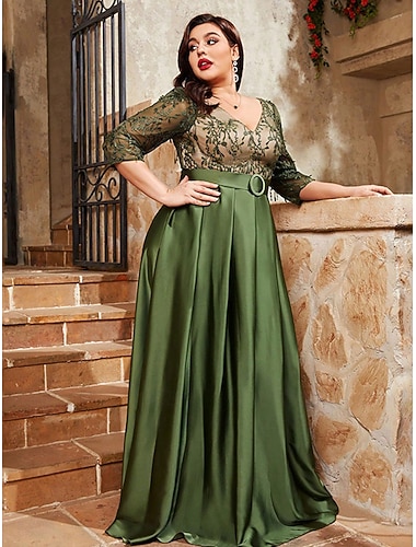  Abito da Sera A-Line Abito Elegante Abito Formale Matrimonio A Lunghezza Piena Maniche 3/4 V Collo di Raso V Schiena con Plissettature