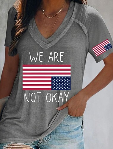  Amerikanischer Unabhängigkeitstag Damen T Shirt Nationalflagge Lässig Kurzarm V Ausschnitt Normale Oberteile Täglich Ausgehen Wochenende Druck Schwarz und weiss Schwarz und Grau Schwarz Weiß Rosa