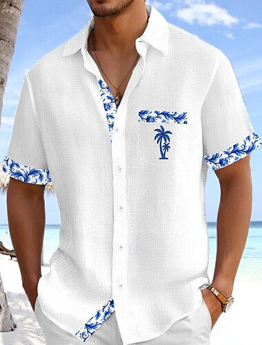  Herren Hemd Leinenhemd Sommerhemd Strandhemd Knopfhemd Blumen Ferien Alltagskleidung Weiß Rosa Marineblau Leicht Blau Kurzarm Umlegekragen Sommer Bekleidung Fronttasche