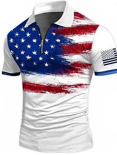  Amerikanischer Unabhängigkeitstag Herren Amerikanische Flagge Poloshirts mit Reißverschluss Kurzarm Polo-Shirts Hemden mit Kragen Lässig Athleisure Alltagskleidung 3D-Druck Sommer Weiß Blau