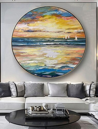  Arte de parede do oceano, pôr do sol dourado, pintura oli, pintura abstrata artesanal, paisagem marinha, tela, pinturas a óleo, grande salão, decoração de casa, imagem