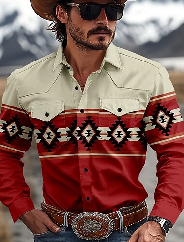  Férfi Azték Indiai kultúra Ing Nyugati ing Cowboy ing Hosszú ujj Szüret Western stílus Törzsi Szabadtéri Napi Munkaruha Ősz & tél Térfogatcsökkenés 3D nyomtatás Elöl két zseb Gombolható ingek Rubin